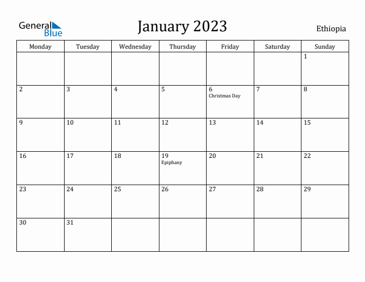 January 2023 Calendar Ethiopia