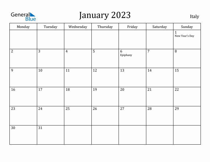 January 2023 Calendar Italy