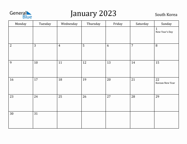 January 2023 Calendar South Korea