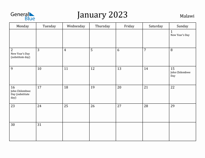 January 2023 Calendar Malawi