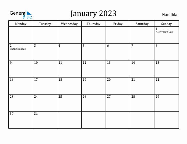 January 2023 Calendar Namibia