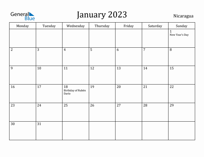 January 2023 Calendar Nicaragua