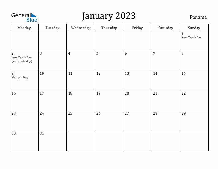 January 2023 Calendar Panama