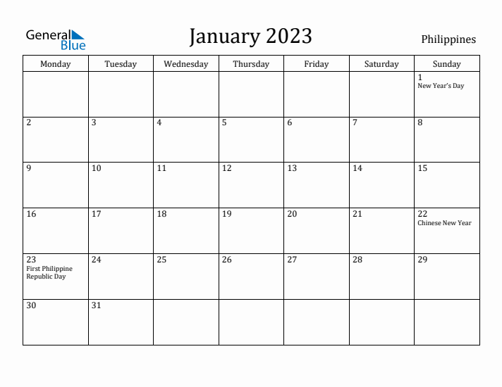 January 2023 Calendar Philippines