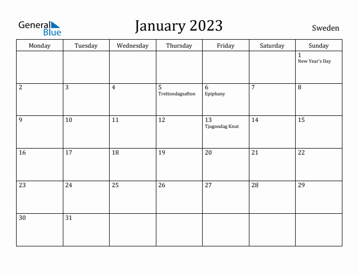 January 2023 Calendar Sweden