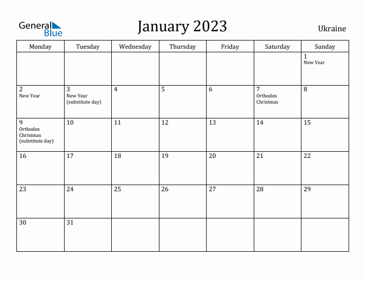 January 2023 Calendar Ukraine