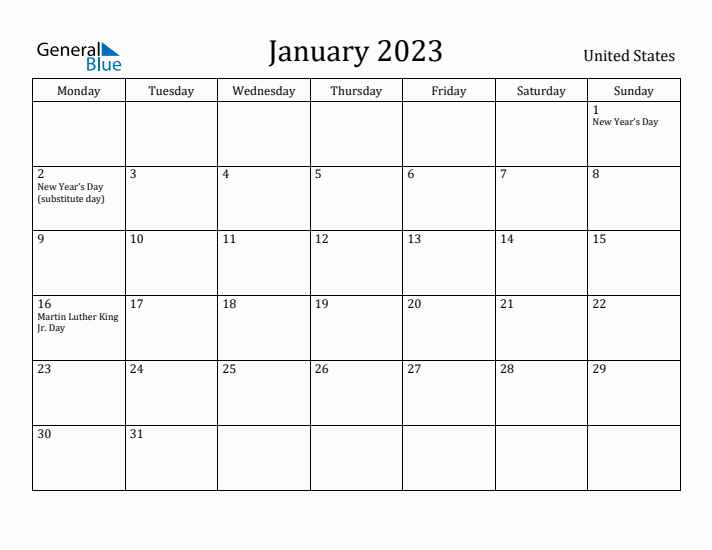 January 2023 Calendar United States