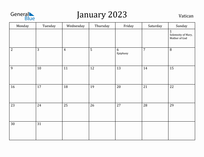 January 2023 Calendar Vatican