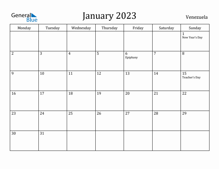 January 2023 Calendar Venezuela