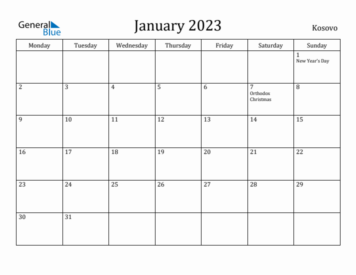 January 2023 Calendar Kosovo