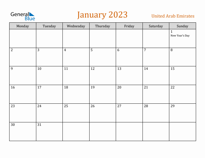 January 2023 Holiday Calendar with Monday Start