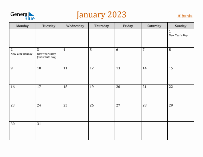 January 2023 Holiday Calendar with Monday Start