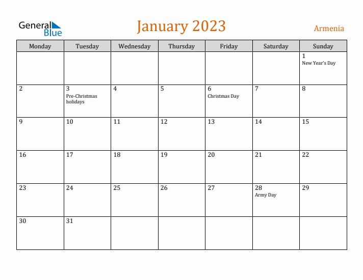 January 2023 Holiday Calendar with Monday Start