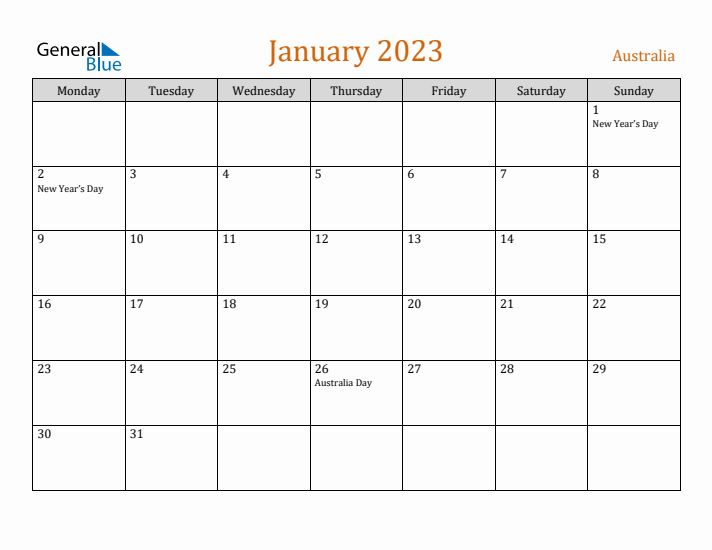 January 2023 Holiday Calendar with Monday Start