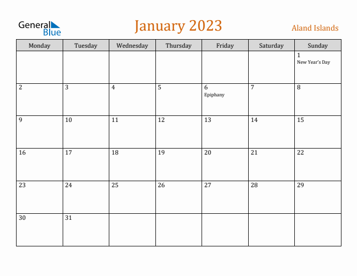 January 2023 Holiday Calendar with Monday Start