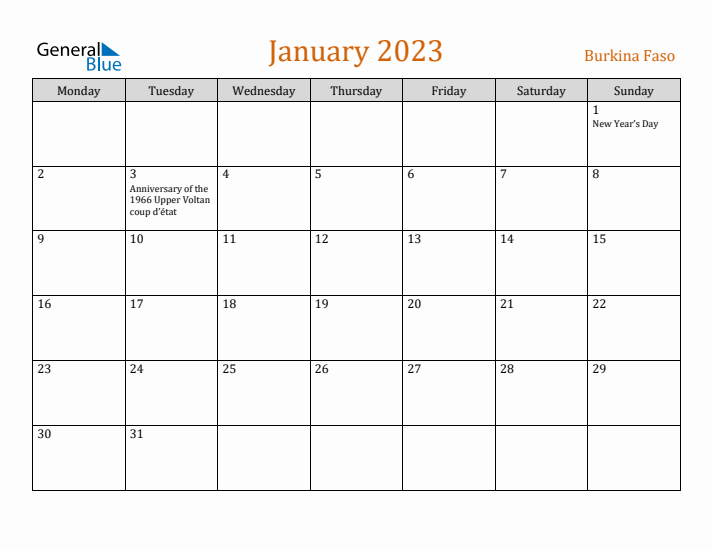 January 2023 Holiday Calendar with Monday Start