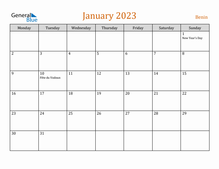 January 2023 Holiday Calendar with Monday Start