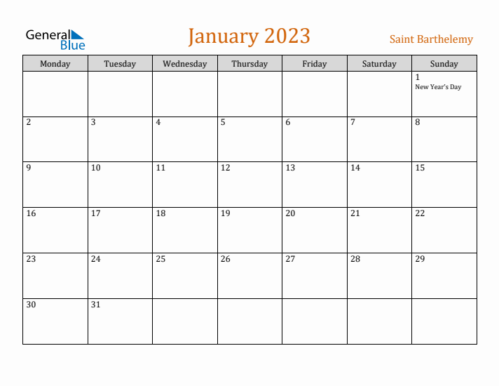 January 2023 Holiday Calendar with Monday Start