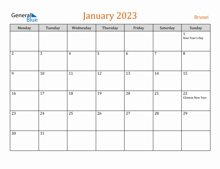 January 2023 Holiday Calendar with Monday Start