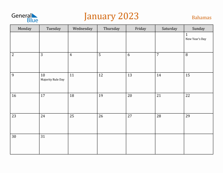 January 2023 Holiday Calendar with Monday Start