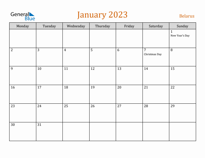 January 2023 Holiday Calendar with Monday Start