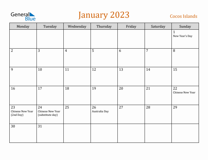 January 2023 Holiday Calendar with Monday Start