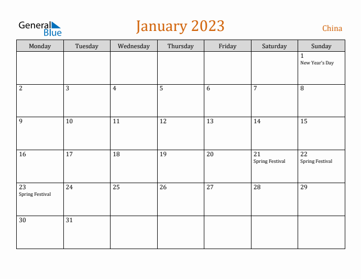 January 2023 Holiday Calendar with Monday Start