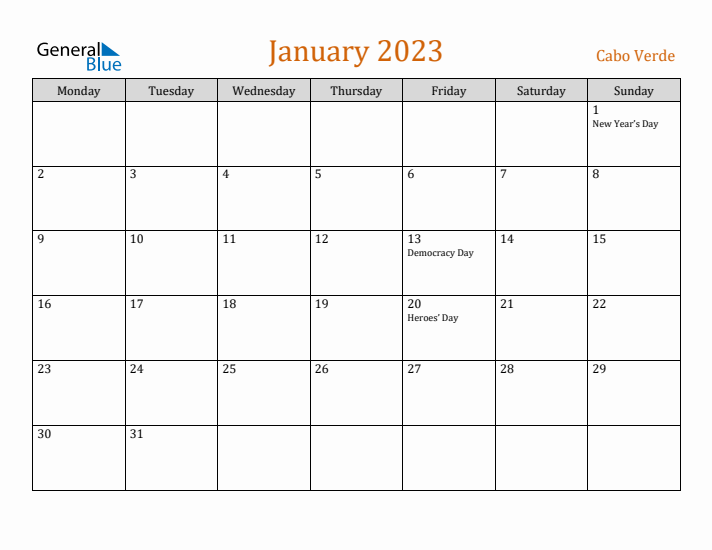 January 2023 Holiday Calendar with Monday Start