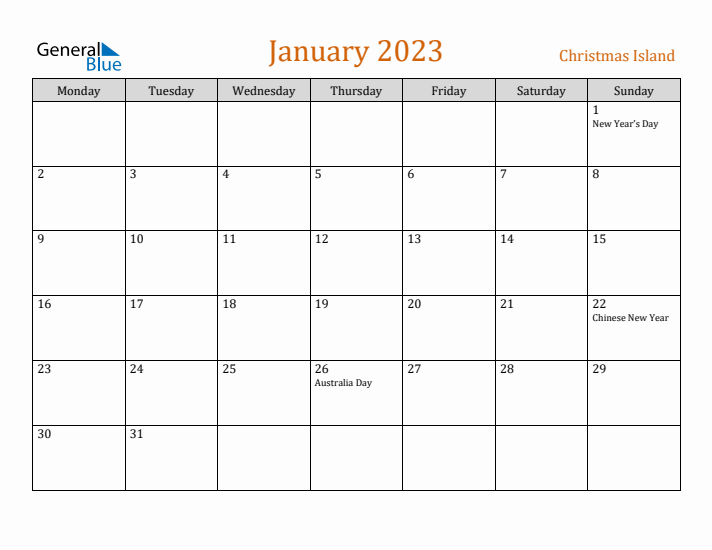 January 2023 Holiday Calendar with Monday Start