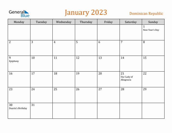 January 2023 Holiday Calendar with Monday Start