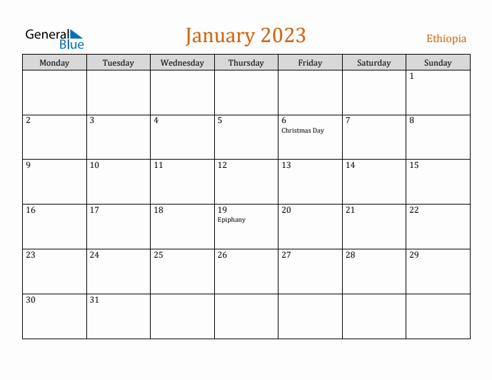 January 2023 Holiday Calendar with Monday Start