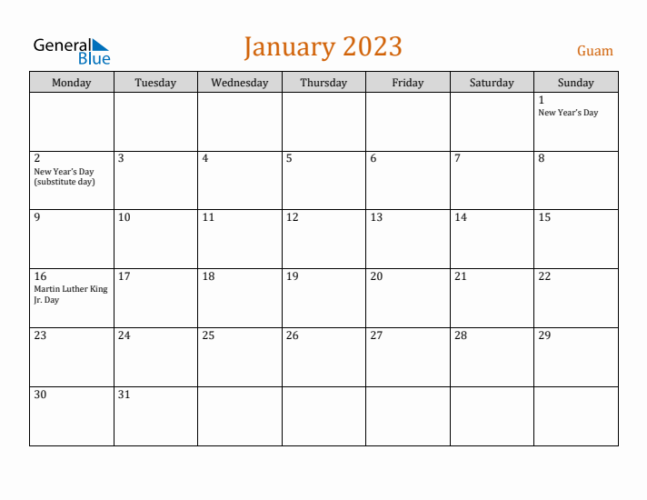 January 2023 Holiday Calendar with Monday Start