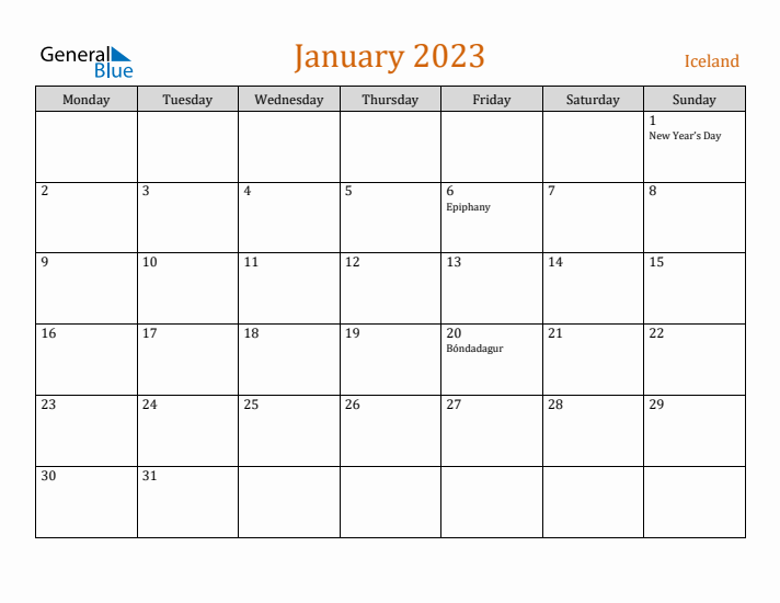 January 2023 Holiday Calendar with Monday Start