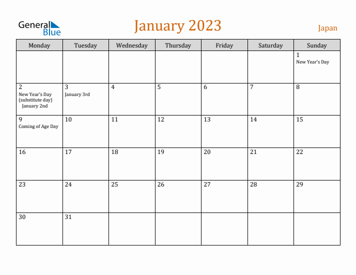 January 2023 Holiday Calendar with Monday Start