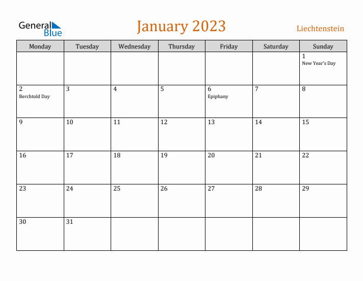 January 2023 Holiday Calendar with Monday Start