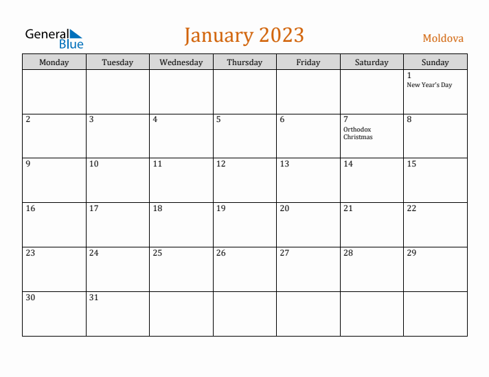 January 2023 Holiday Calendar with Monday Start