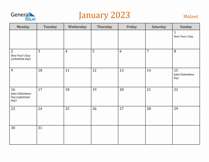 January 2023 Holiday Calendar with Monday Start