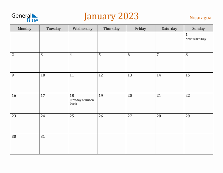 January 2023 Holiday Calendar with Monday Start