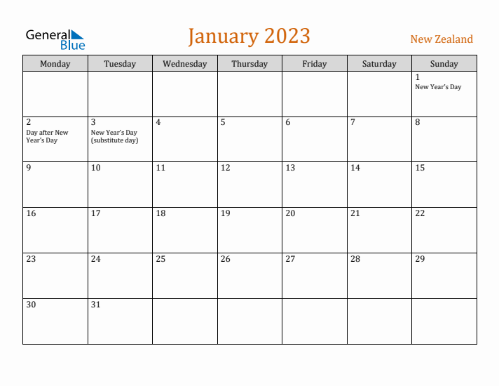 January 2023 Holiday Calendar with Monday Start