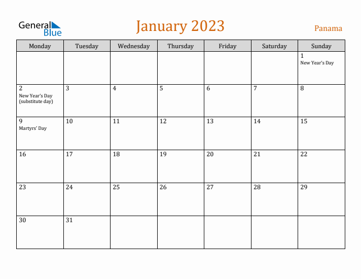 January 2023 Holiday Calendar with Monday Start