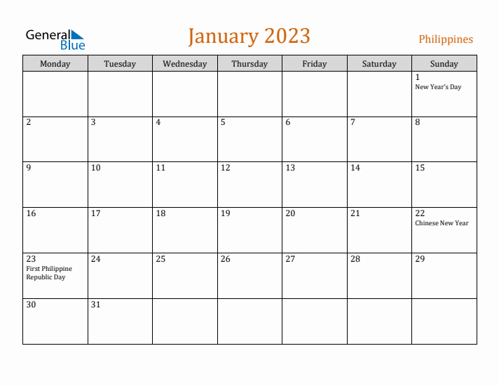 January 2023 Holiday Calendar with Monday Start