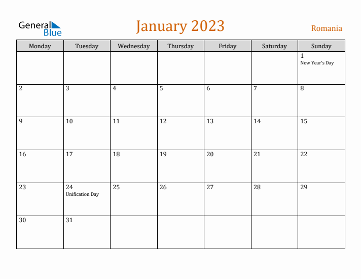 January 2023 Holiday Calendar with Monday Start