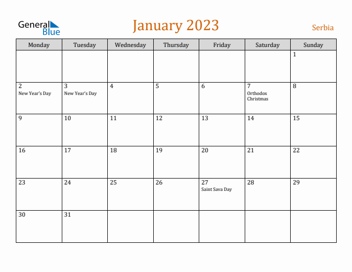 January 2023 Holiday Calendar with Monday Start