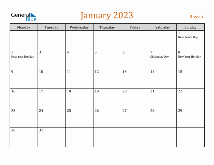 January 2023 Holiday Calendar with Monday Start