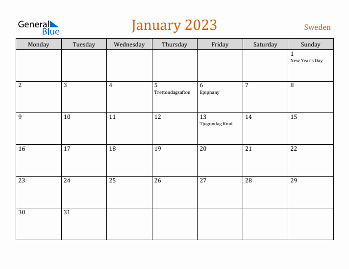 January 2023 Holiday Calendar with Monday Start