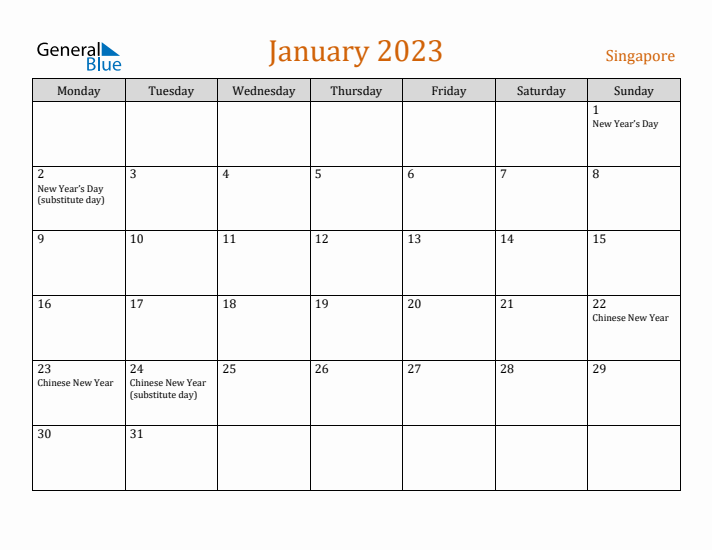 January 2023 Holiday Calendar with Monday Start