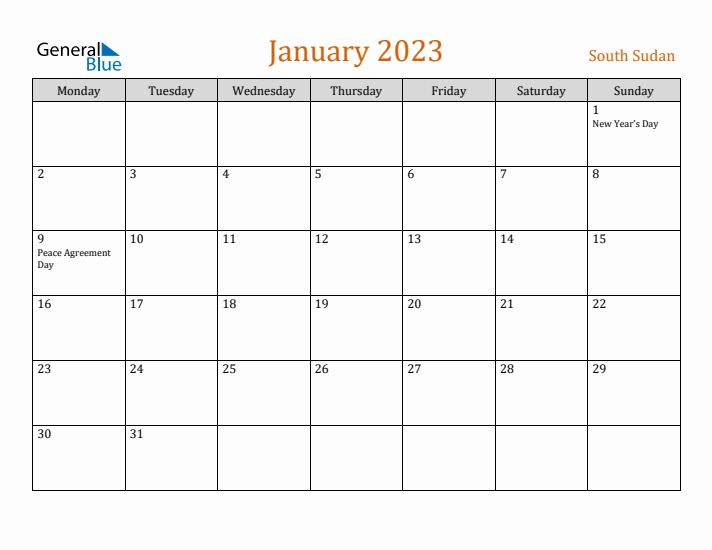 January 2023 Holiday Calendar with Monday Start