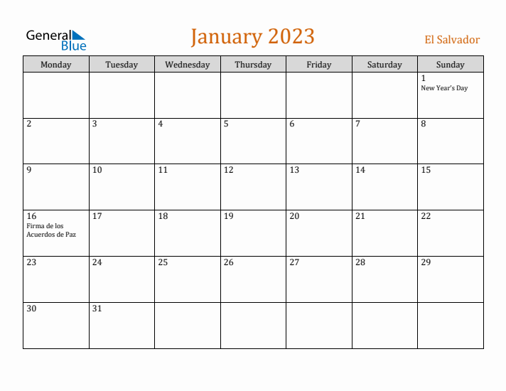 January 2023 Holiday Calendar with Monday Start