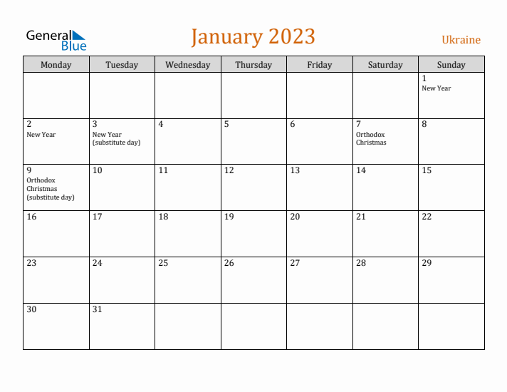 January 2023 Holiday Calendar with Monday Start