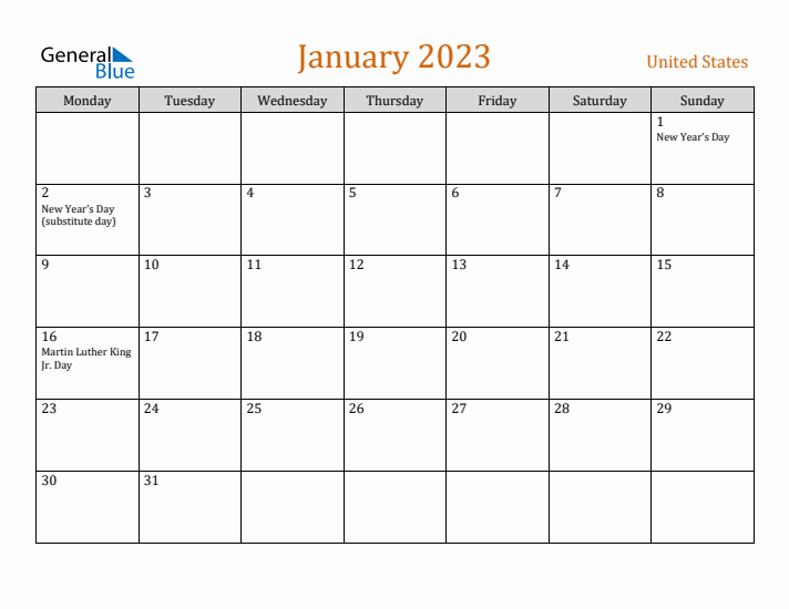 January 2023 Holiday Calendar with Monday Start